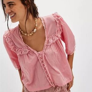 Free People Pink Flutter Sleeve Ruffled Blouse